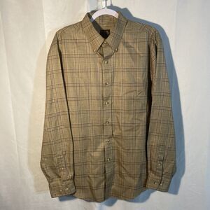 61-9 JOS A. BANK brown houndstooth plaid cotton long sleeve button down shirt l